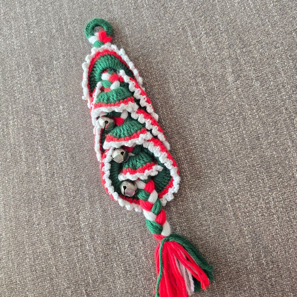 Vintage Hand Crocheted w/Bells Christmas Wall Hanging Door Decoration 15”